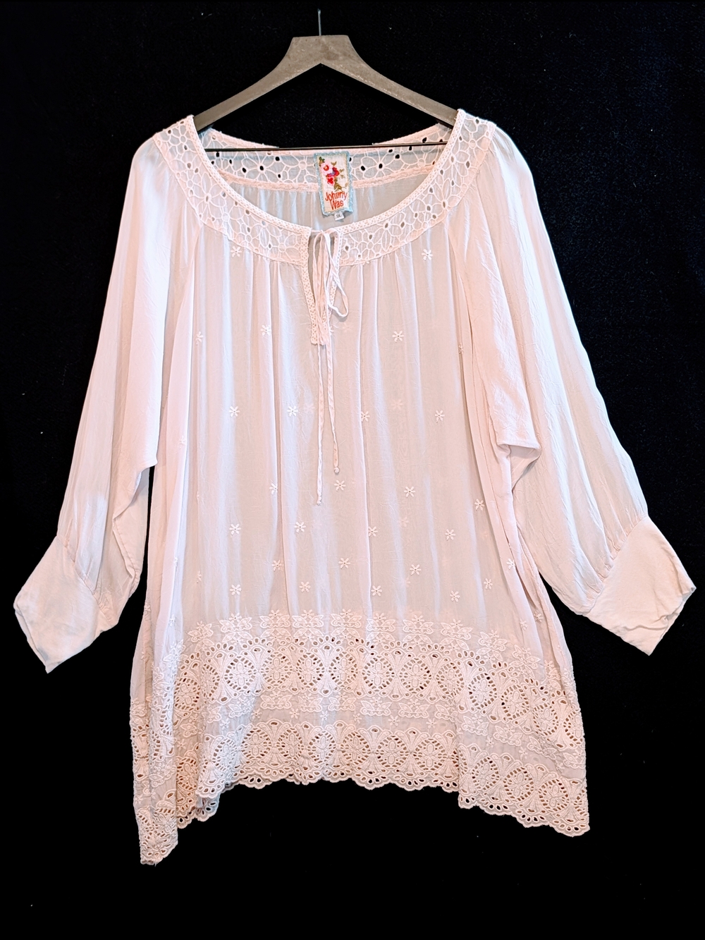 Johnny Was 1X Light Pink Cupra Rayon Eyelet Embroidered Boho Tunic Blouse PLUS